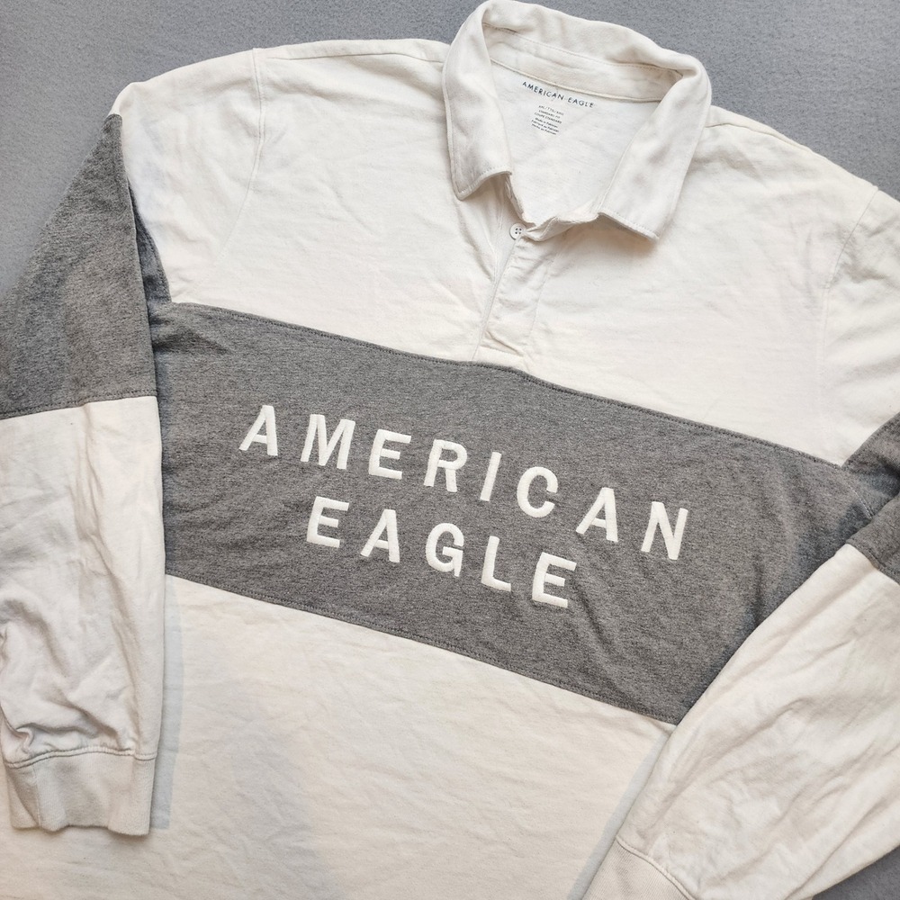 American Eagle Mens XXL Rugby Shirt Long Sleeve Colorblock Grey White Preppy
